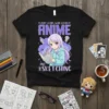 Black t-shirt with "JUST A GIRL WHO LOVES ANIME AND SKETCHING" text and anime girl drawing in a sketchbook