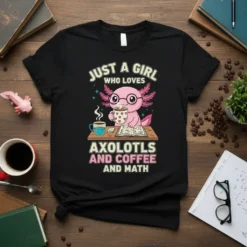 Black t-shirt with a graphic reading "JUST A GIRL WHO LOVES AXOLOTLS AND COFFEE AND MATH" featuring an axolotl drinking