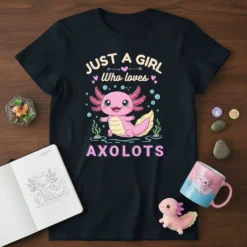 T-shirt with "JUST A GIRL Who loves AXOLOTLS" text and a cute pink axolotl graphic