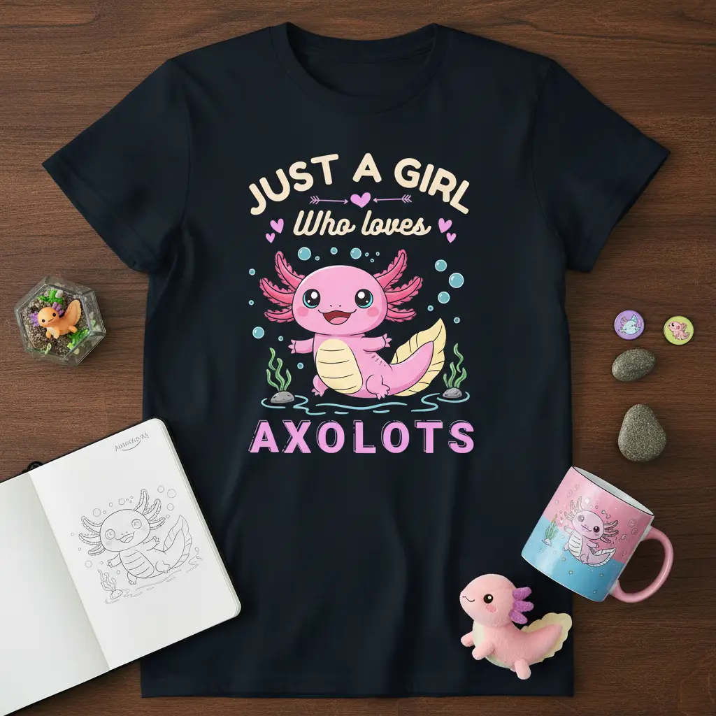 Just A Girl Who Loves Axolotls text design with a cute pink axolotl graphic