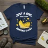 Just A Girl Who Loves Banana Slugs t-shirt featuring a yellow banana slug and yellow hearts