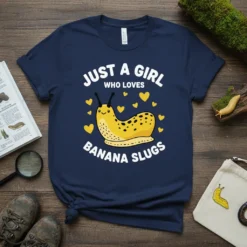 Just A Girl Who Loves Banana Slugs t-shirt featuring a yellow banana slug and yellow hearts