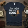 Just a Girl WHO loves BEARS text with cute bear graphic and paw print wreath on navy t-shirt