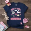 Just A Girl Who Loves Bunnies text with cute bunny graphics on a navy blue t-shirt