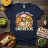 Just a girl who loves burritos t-shirt design featuring a happy chef holding a large burrito with Mexican food elements