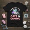 Cute cat wearing headphones playing video games with text "Just A Girl Who Loves Cats & Gaming" on a black