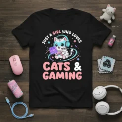 Cute cat wearing headphones playing video games with text "Just A Girl Who Loves Cats & Gaming" on a black