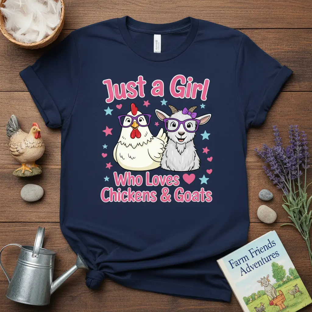 Just a Girl Who Loves Chickens & Goats quote with cute chicken and goat wearing glasses, farm animal lover design