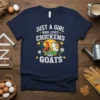 Just A Girl Who Loves Chickens and Goats text with rooster and goat graphic on navy t-shirt