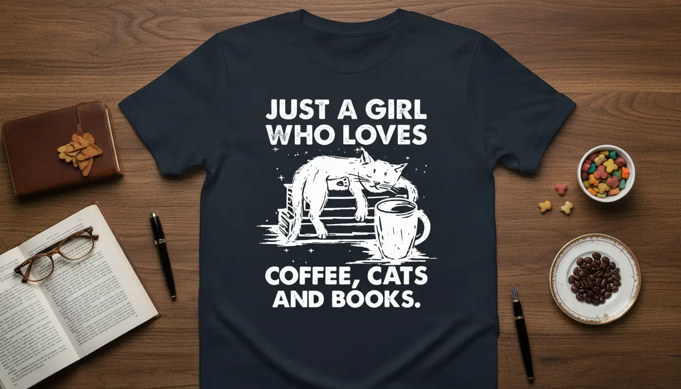JUST A GIRL WHO LOVES COFFEE, CATS AND BOOKS text with sleeping cat on books and coffee mug graphic
