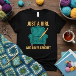 Black t-shirt with "JUST A GIRL WHO LOVES CROCHET" text and an armchair graphic made of teal yarn with a
