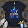 Dallas football t-shirt with text "Just a girl who loves DALLAS" and team helmet graphic