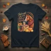 Just a girl who loves Fall and Horses text with a horse, pumpkins, sunflowers, and boots graphic on a t-shirt