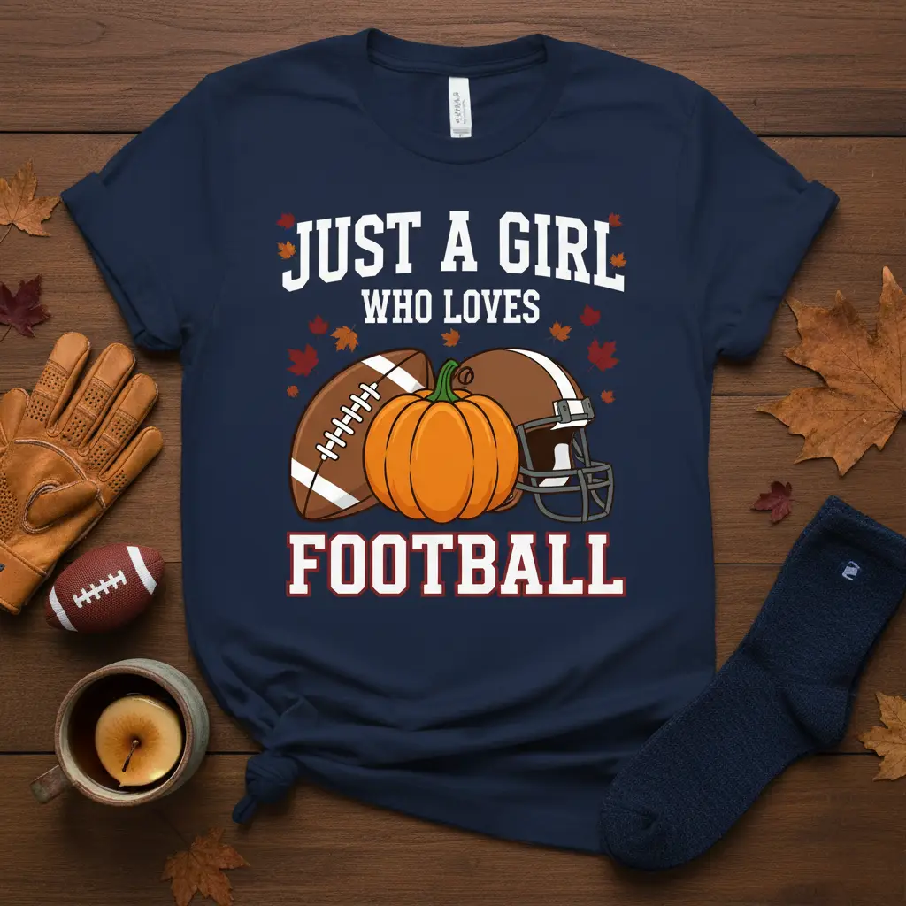 Just A Girl Who Loves Football text design with football, pumpkin, and helmet graphics, perfect for fall fans