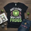 Just A Girl Who Loves Frogs text design with a cute cartoon frog wearing glasses