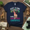 Just A Girl Who Loves Giraffes t-shirt with a colorful giraffe and floral tree design