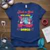 Just a Girl WHO LOVES HIP-HOP DANCE text with graphic of high-top sneakers and musical notes on a blue t-shirt