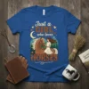 Just a Girl Who Loves Horses t-shirt design featuring a girl riding a horse under a crescent moon and stars