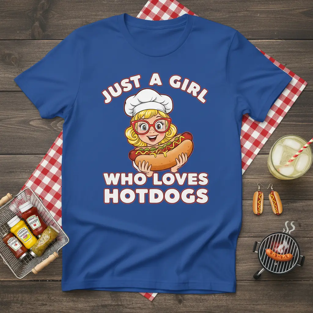 Just A Girl Who Loves Hotdogs text and cartoon chef girl with hotdog graphic on blue t-shirt