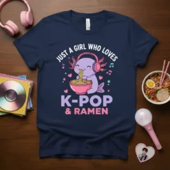 Just A Girl Who Loves K-POP & RAMEN t-shirt design with a cute axolotl wearing headphones eating ramen