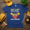 Just a girl who loves and softball text with ramen bowl and baseballs graphic on a blue t-shirt