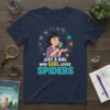 Just a girl who loves spiders t-shirt design featuring a girl with a magnifying glass and colorful spiders