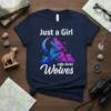 Just a Girl who loves Wolves t-shirt with a colorful wolf howling at the moon graphic