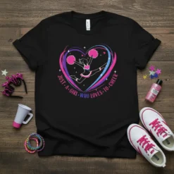 Cheerleader mid-jump inside a heart graphic with text "Just A Girl Who Loves To Cheer" on a black t-shirt