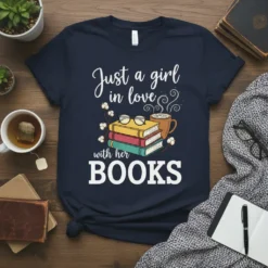 Just a girl in love with her BOOKS quote on a navy t-shirt with stacked books and a coffee cup