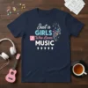 Navy t-shirt with "Just a GIRLS Who Loves MUSIC" text and musical notes graphic
