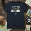 Navy t-shirt with "Just a Kid FROM QUEENS" text and a graphic of the Brooklyn Bridge