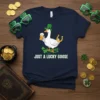 Just A Lucky Goose St. Patrick's Day t-shirt design featuring a goose in a leprechaun hat holding beer, with shamrocks
