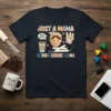 T-shirt with text "JUST A MAMA MORE COFFEE! STRING CHEESE MAMA", featuring a coffee cup, smiling woman, and string cheese
