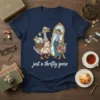 Just a thrifty goose t-shirt design featuring a cartoon goose looking in a mirror, holding shopping bags and a basket