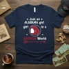 Navy t-shirt design featuring text "Just an ALABAMA girl girl in a GEORGIA World" with state outlines and an arrow