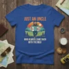 Just An Uncle Who Always Came Back With The Milk quote on a blue t-shirt with a cartoon illustration of