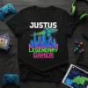 Justus Legendary Gamer pixel art t-shirt featuring a rocket flying over a retro cityscape