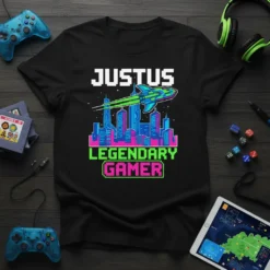 Justus Legendary Gamer pixel art t-shirt featuring a rocket flying over a retro cityscape