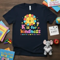 Navy t-shirt with "K is for kindness" text in colorful letters and a cute smiling lion graphic