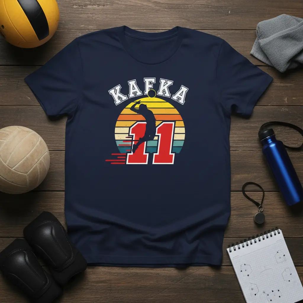Kafka 11 volleyball player graphic with retro sunset and distressed typography on a navy tee