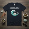 Kahuuu text above a stylized wave and lotus flower design on a navy blue t-shirt
