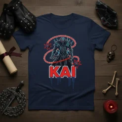 Navy blue t-shirt with the name "KAI" in bold red letters, above a dark fantasy warrior character holding chained weapons