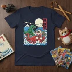 怪獣猫 Kaiju Cat T-Shirt featuring a Siamese cat fighting a T-Rex and octopus in a retro Japanese art style