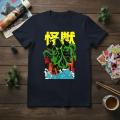Kaiju monster design with Japanese text "怪獣" in yellow, featuring a green creature emerging from water and city ruins