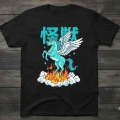 Kaiju winged unicorn design with Japanese text "怪獣" and flames, on a black t-shirt