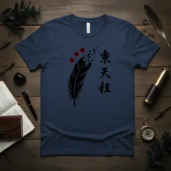 Navy blue t-shirt featuring black Japanese Kanji characters 東天柱 and a stylized black feather with red dots and stars