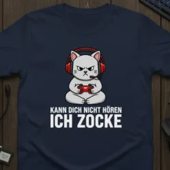 KANN DICH NICHT HÖREN ICH ZOCKE text with a grumpy cat wearing headphones and holding a game controller, on a