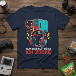 German gamer t-shirt with text "Kann Dich Nicht Hören Ich Zocke," a computer, dual monitors, and headphones graphic