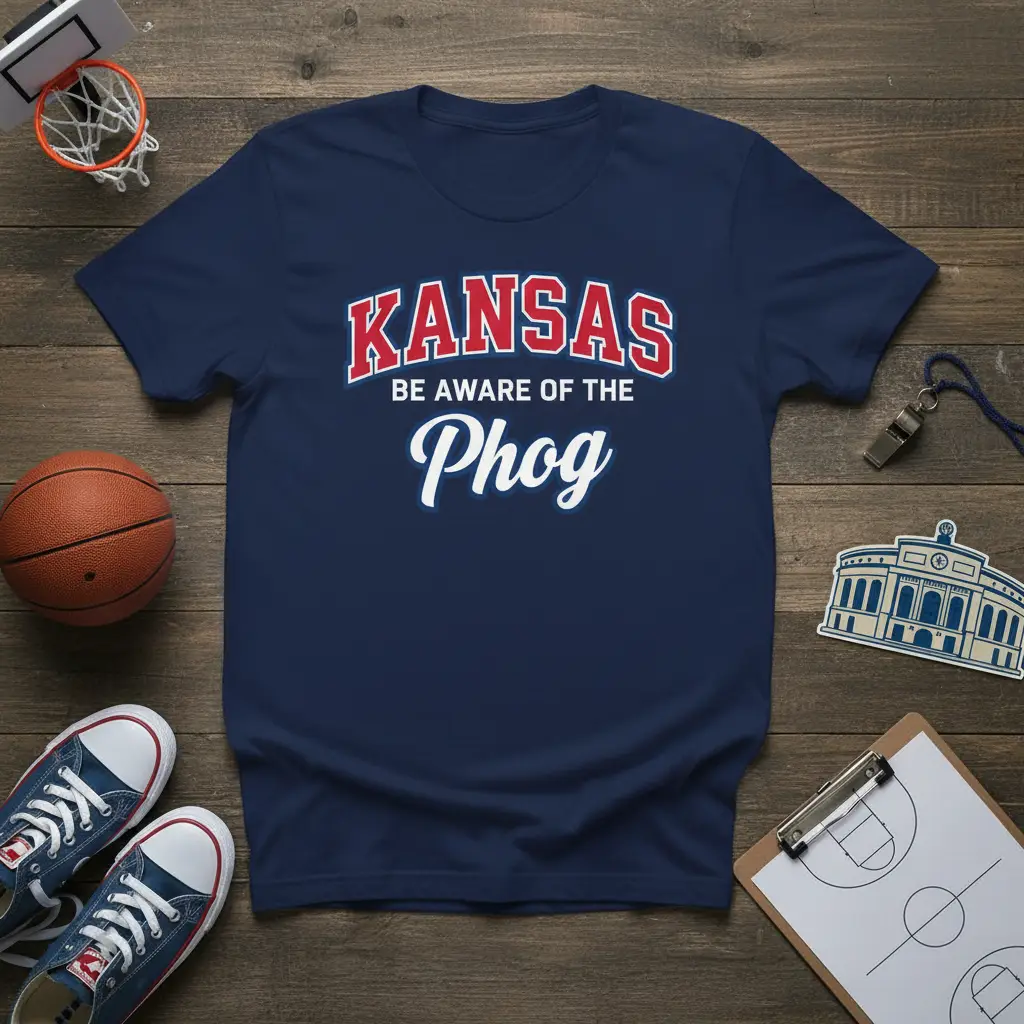 Kansas Be Aware Of The Phog bold typography on a navy blue t-shirt, perfect for fans