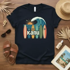 Kanu retro surfboard graphic t-shirt design featuring surfboards, ocean wave, and sunset